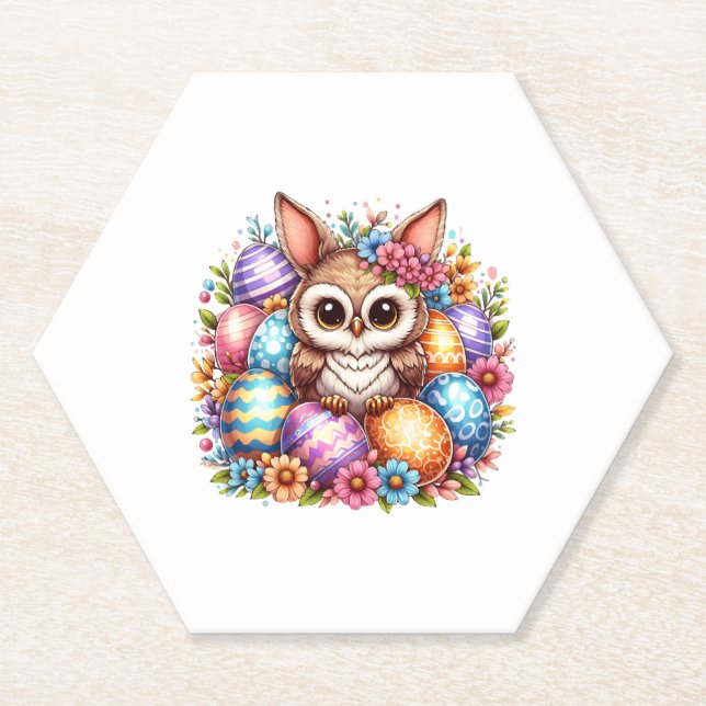 Easter owl with bunny ears  paper coaster (Front)