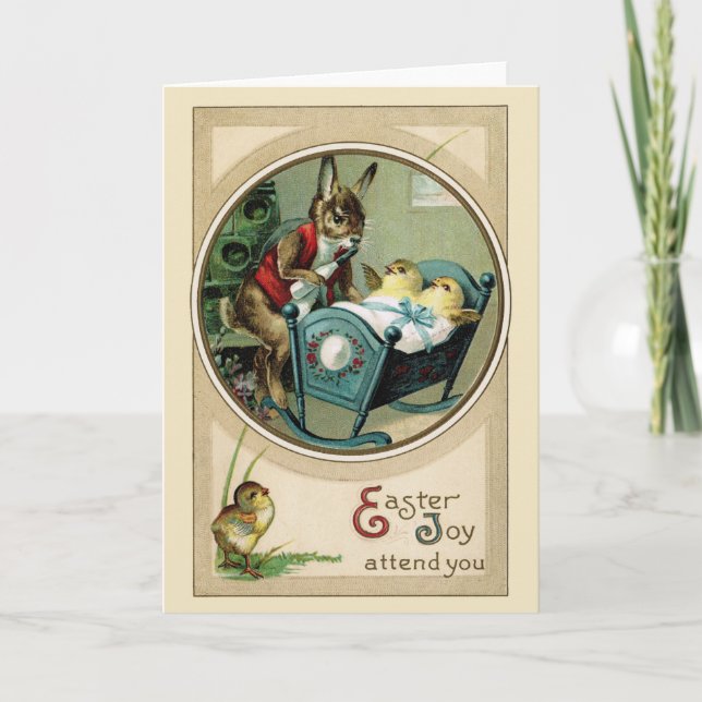 Easter Papa Rabbit and Chicks Greeting Card (Front)