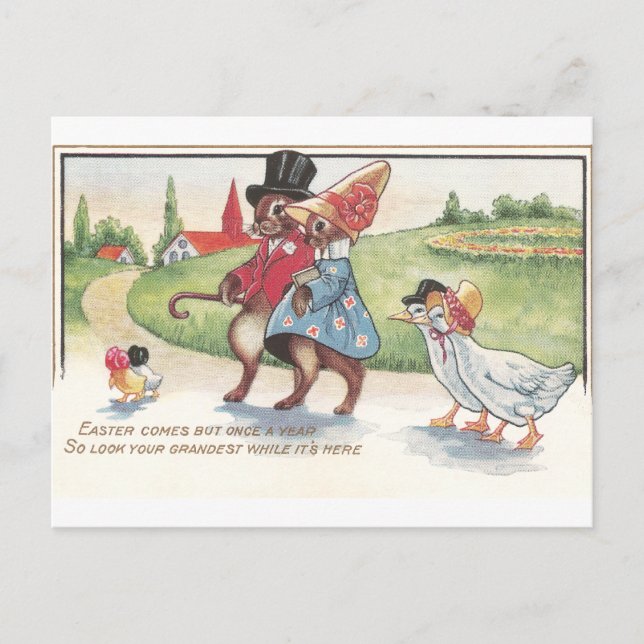 Easter Parade of Rabbits and Ducks Holiday Postcard (Front)