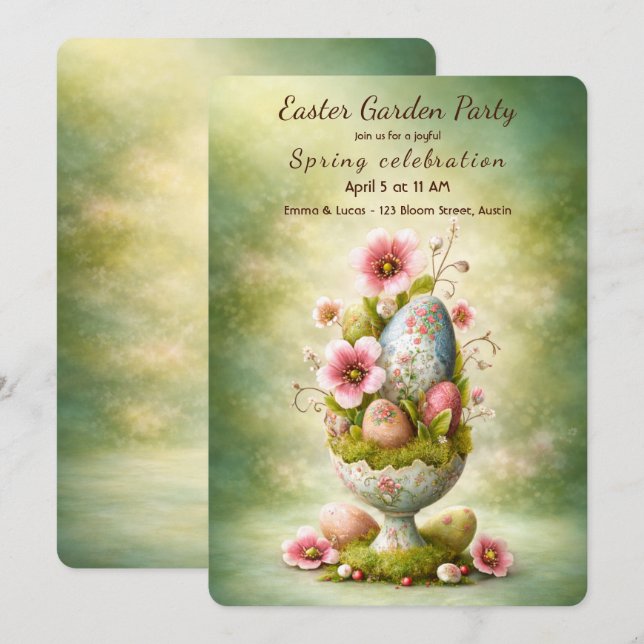 Easter Party Invitation Floral Eggs Garden Spring (Front/Back)