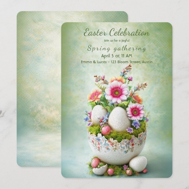 Easter Party Invitation Floral Eggs Spring Elegant (Front/Back)
