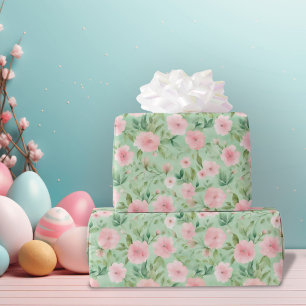 Easter Pastel Pink & Green Florals Wrapping Paper