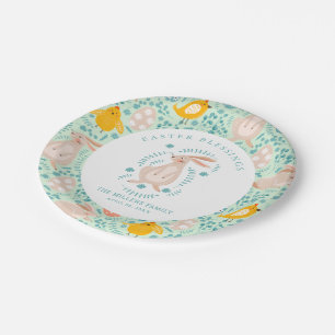 Easter pattern with eggs, bunny, chick, flowers  paper plate