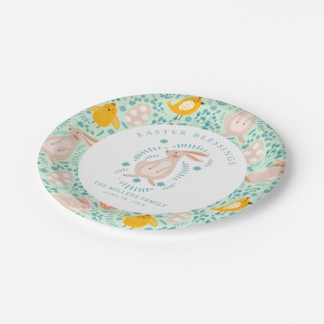 Easter pattern with eggs, bunny, chick, flowers  paper plate (Angled)