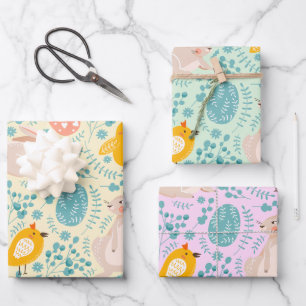 Easter pattern with eggs, bunny, chick, flowers  wrapping paper sheet