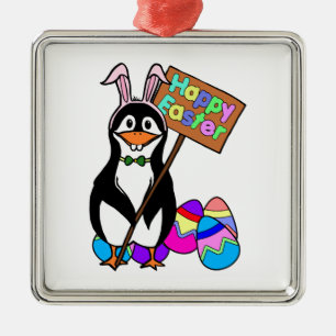 Easter Penguin with Coloured Eggs Metal Ornament