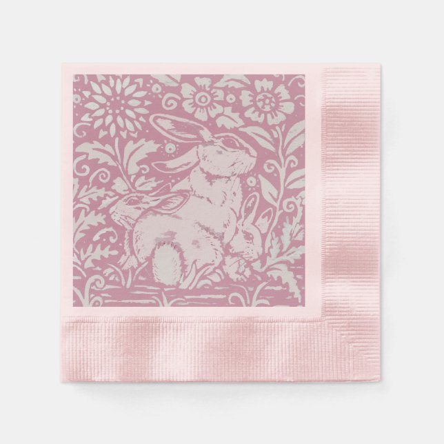 Easter Pink Bunny Rabbit with Babies Pastel Floral Napkin (Front)