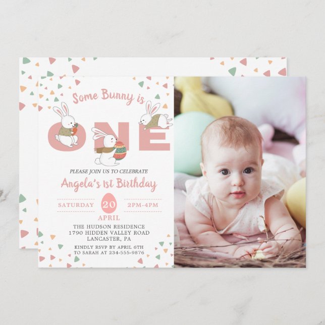 Easter Pink Some Bunny First Birthday Photo Invitation (Front/Back)