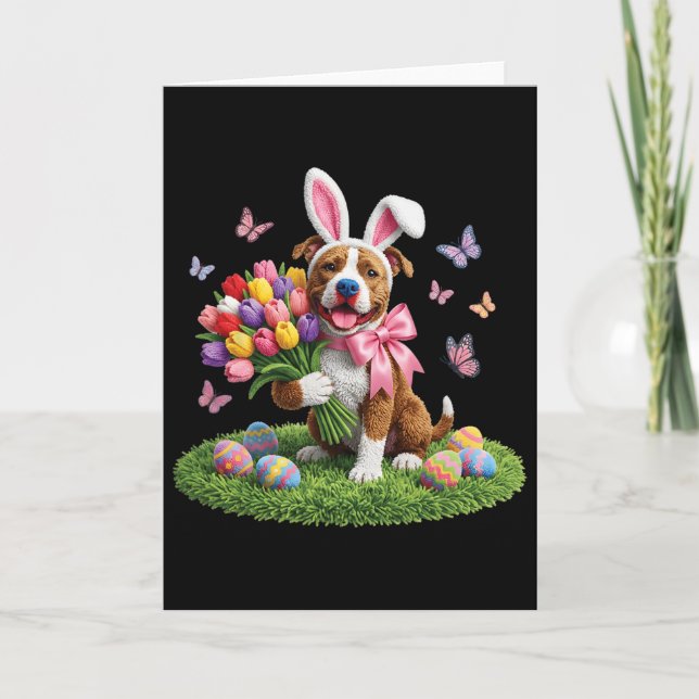 Easter Pitbull Dog Mum Spring Easter Bunny Tulips  Card (Front)