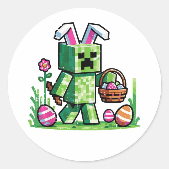 Easter Pixel Gaming Bunny Egg Hunting Classic Round Sticker (Front)