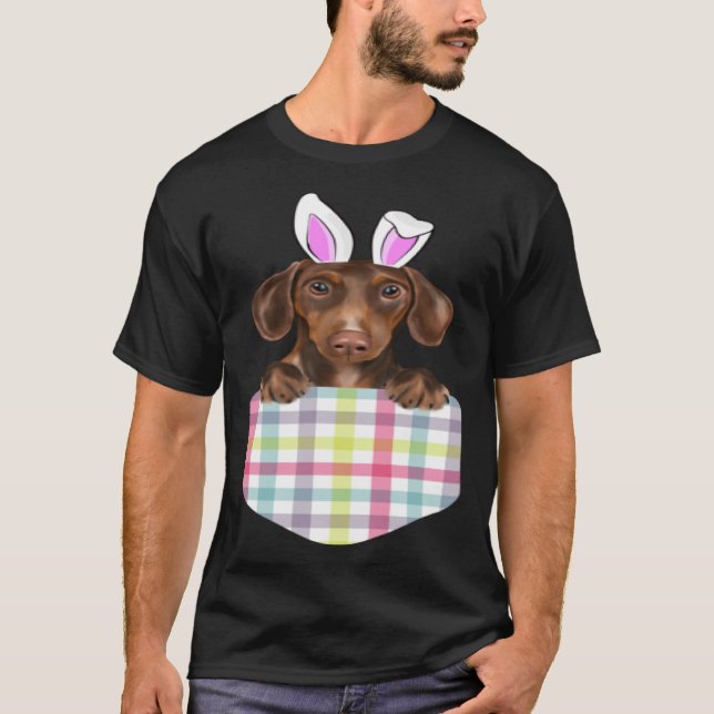 Easter Plaid Brown Dachshund Bunny Dog In Pocket T-Shirt (Front)