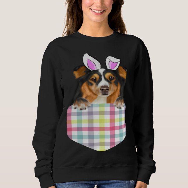 Easter Plaid Shetland Sheepdog Bunny Dog In Pocket Sweatshirt (Front)