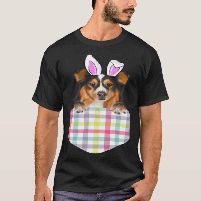 Easter Plaid Shetland Sheepdog Bunny Dog In Pocket T-Shirt (Front)
