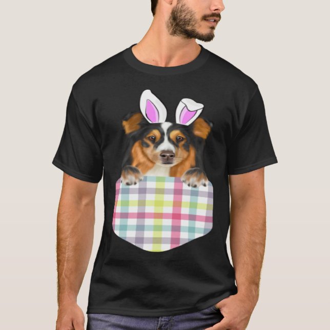 Easter Plaid Shetland Sheepdog Bunny Dog In Pocket T-Shirt (Front)