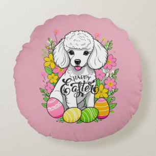 Easter Poodle with flowers  Round Cushion