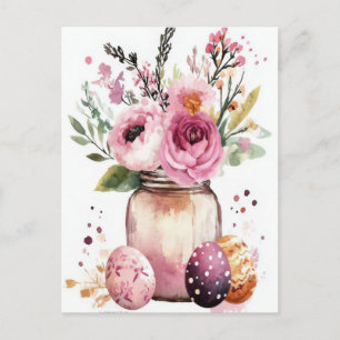 Easter Postcard with Easter Eggs and Flowers