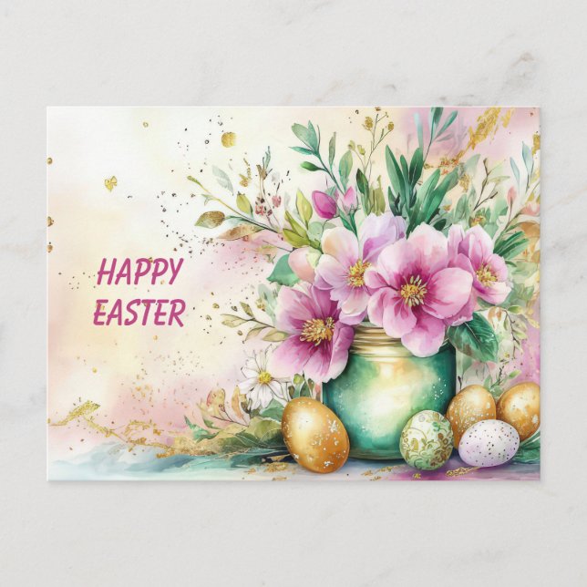 Easter Postcard with Easter Eggs and Flowers (Front)