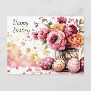 Easter Postcard with Easter Eggs and Flowers