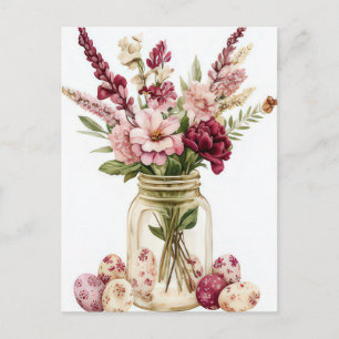 Easter Postcard with Easter Eggs and Flowers