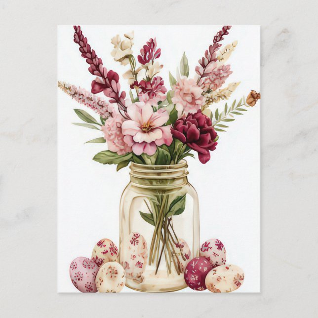Easter Postcard with Easter Eggs and Flowers (Front)