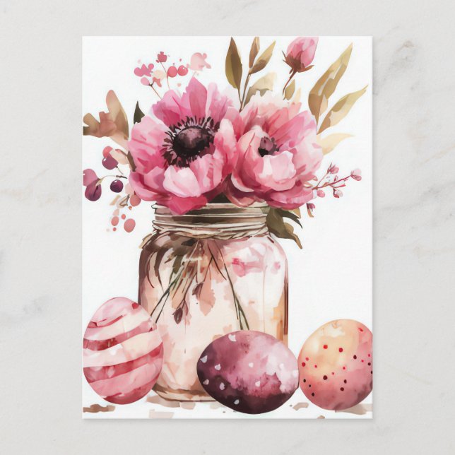 Easter Postcard with Easter Eggs and Flowers (Front)