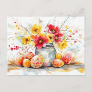 Easter Postcard with Easter Eggs and Flowers