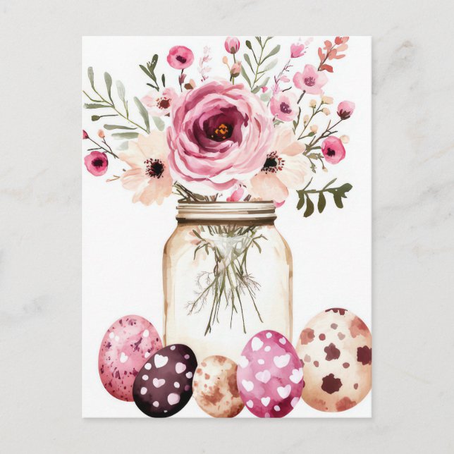Easter Postcard with Easter Eggs and Flowers (Front)