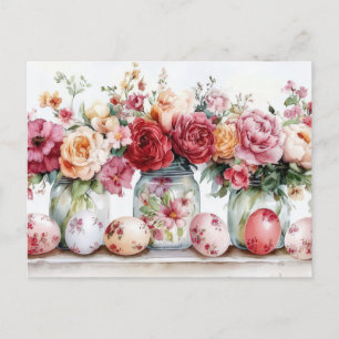 Easter Postcard with Easter Eggs and Flowers