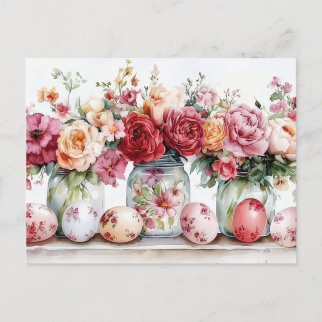 Easter Postcard with Easter Eggs and Flowers (Front)