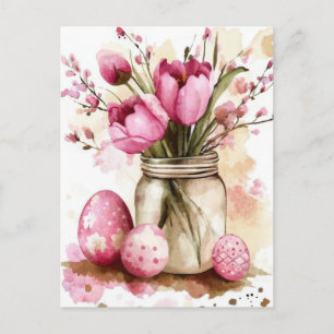 Easter Postcard with Easter Eggs and Flowers