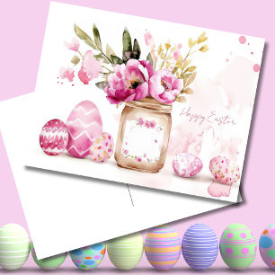 Easter Postcard with Easter Eggs and Flowers