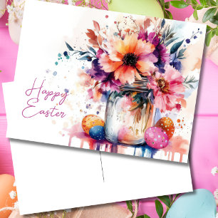 Easter Postcard with Easter Eggs and Flowers