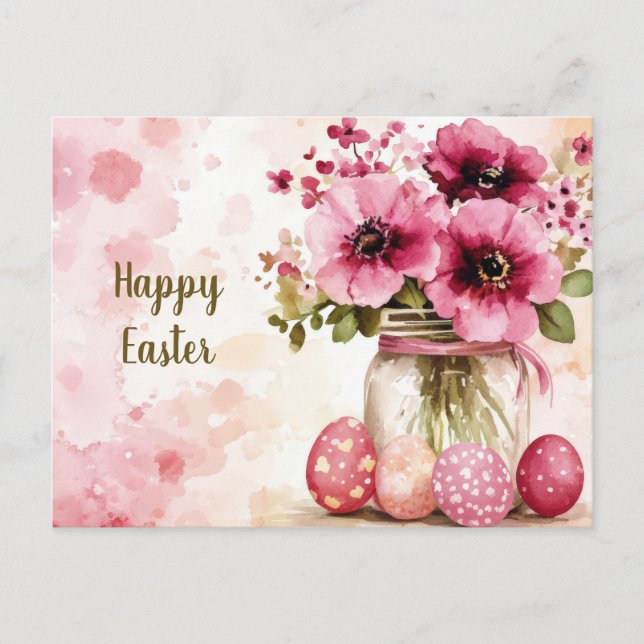Easter Postcard with Easter Eggs and Flowers (Front)