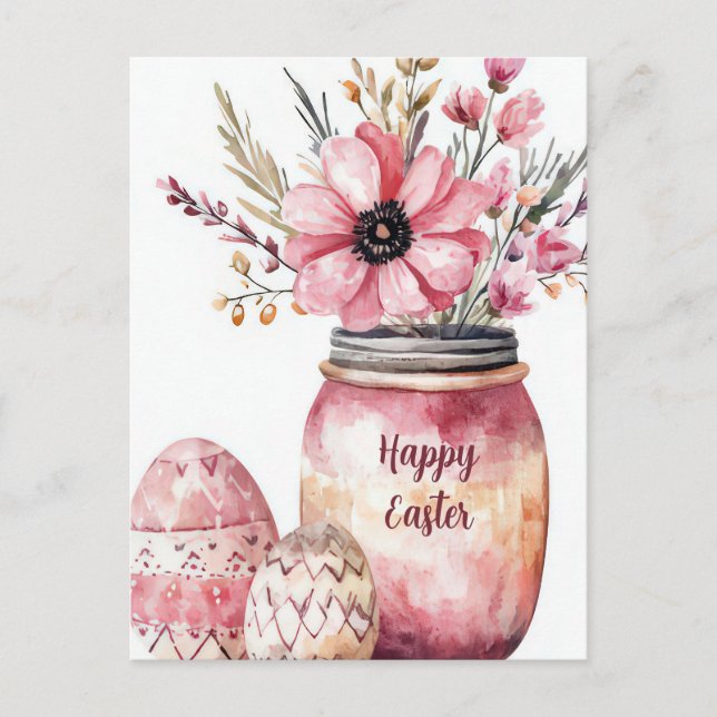Easter Postcard with Easter Eggs and Flowers (Front)