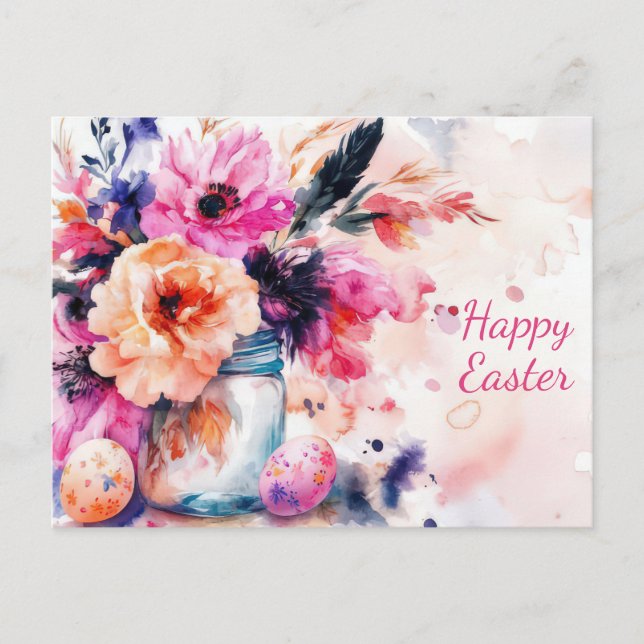Easter Postcard with Easter Eggs and Flowers (Front)