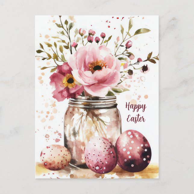 Easter Postcard with Easter Eggs and Flowers (Front)