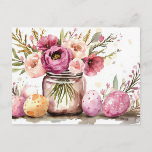 Easter Postcard with Easter Eggs and Flowers