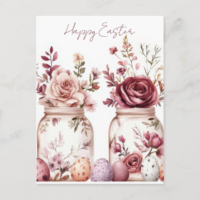 Easter Postcard with Easter Eggs and Flowers (Front)