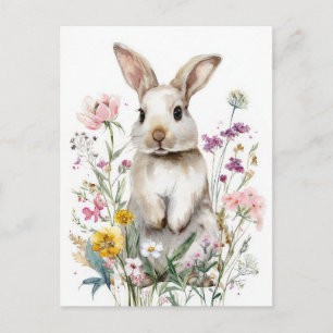 Easter Postcard with Flowers and Easter Bunny