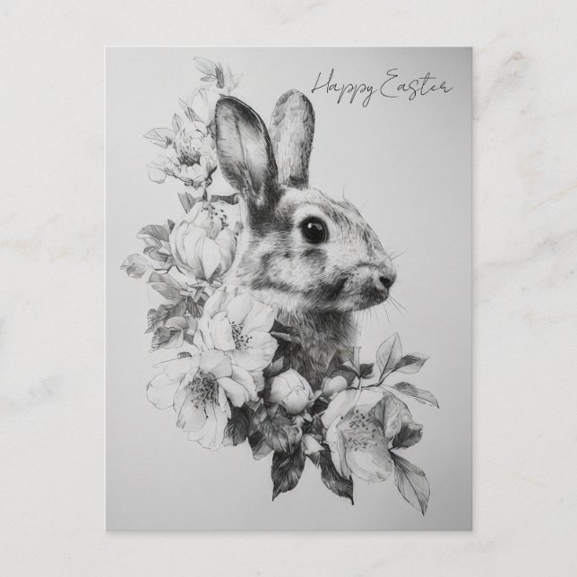 Easter Postcard with Flowers and Easter Bunny (Front)
