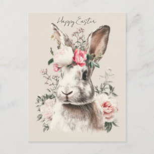 Easter Postcard with Flowers and Easter Bunny