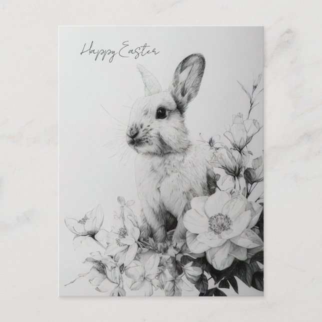 Easter Postcard with Flowers and Easter Bunny (Front)