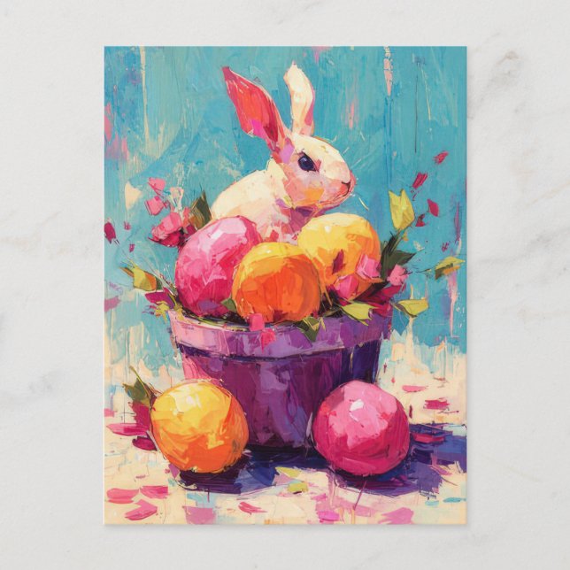 Easter Postcard with Flowers and Easter Bunny (Front)