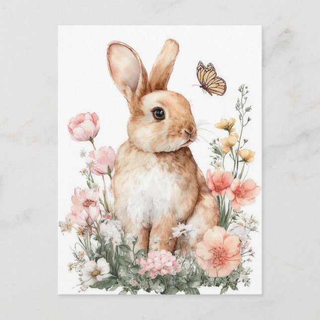 Easter Postcard with Flowers and Easter Bunny (Front)