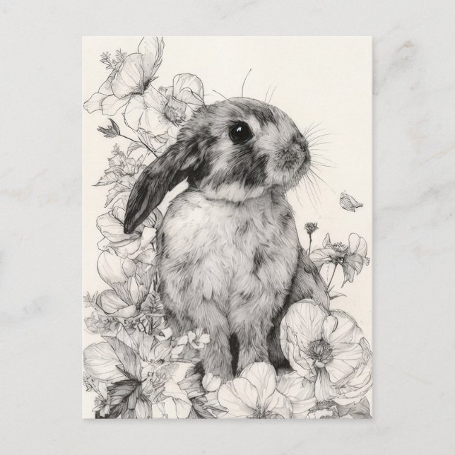 Easter Postcard with Flowers and Easter Bunny (Front)