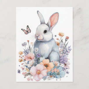 Easter Postcard with Flowers and Easter Bunny