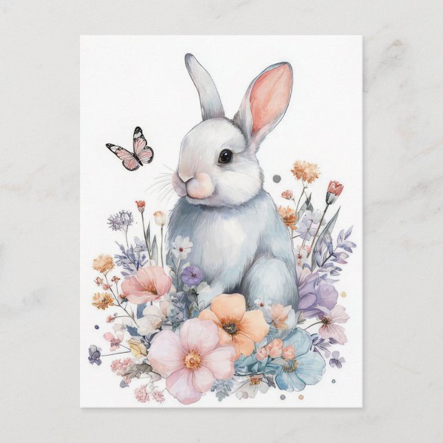 Easter Postcard with Flowers and Easter Bunny (Front)