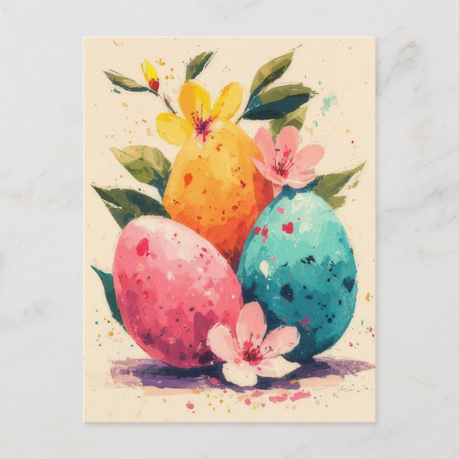 Easter Postcard with Flowers and Easter Bunny (Front)