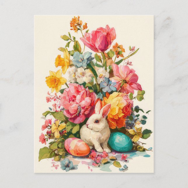 Easter Postcard with Flowers and Easter Bunny (Front)