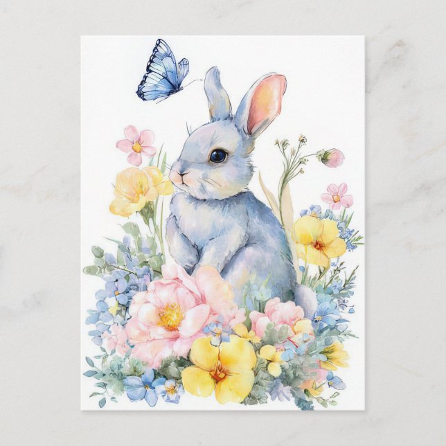 Easter Postcard with Flowers and Easter Bunny (Front)